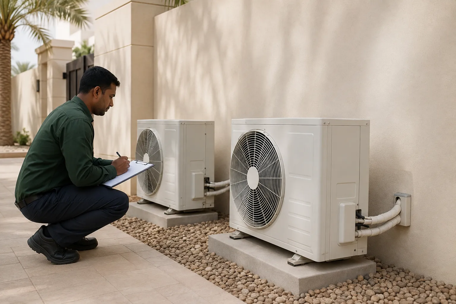A technician recording maintenance observations beside villa air conditioning units.