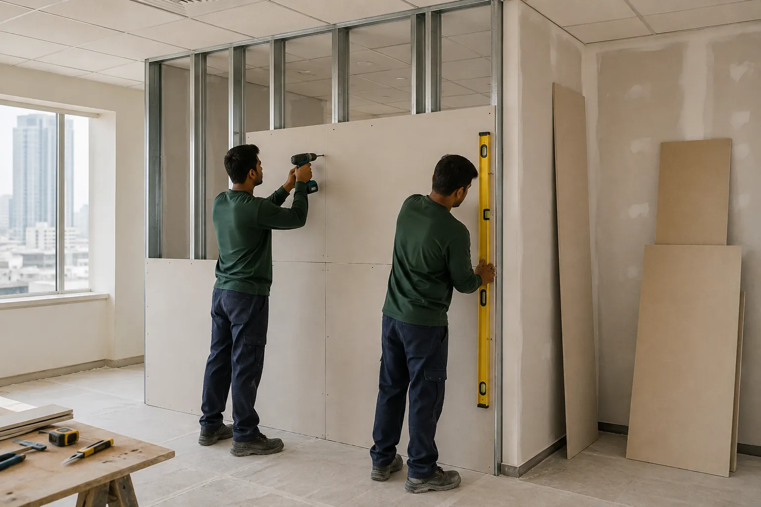 Technicians installing a gypsum-board partition.