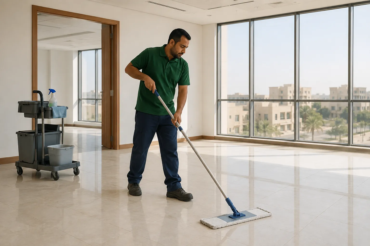 A cleaner mopping an unfurnished office.