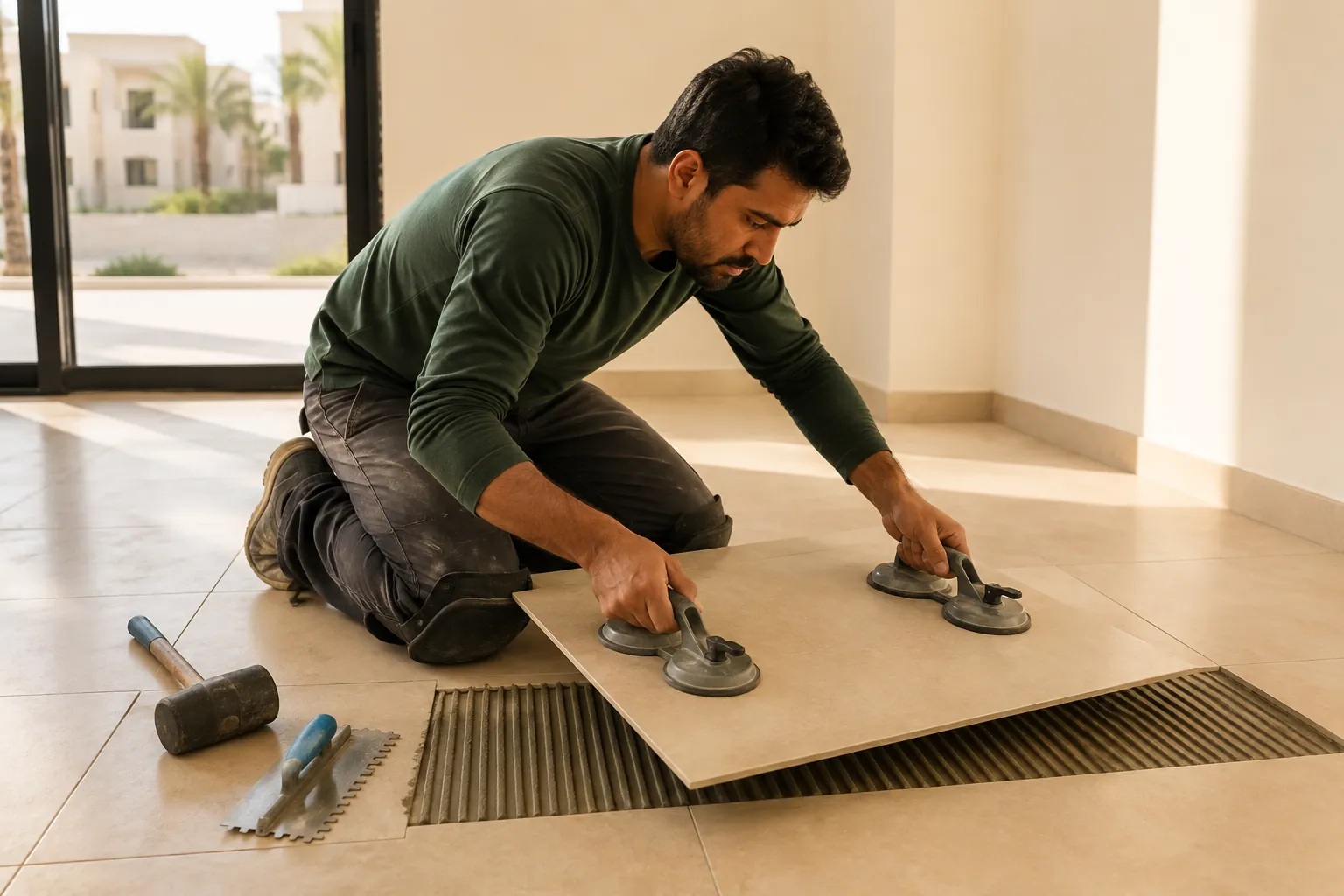 A tiler positioning a porcelain floor tile.