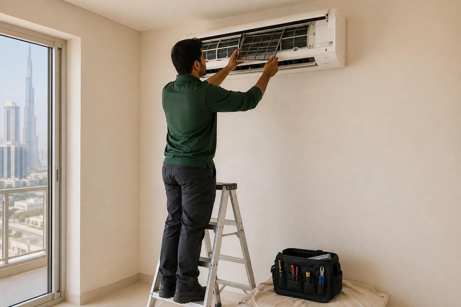A technician inspecting an indoor air conditioning unit.