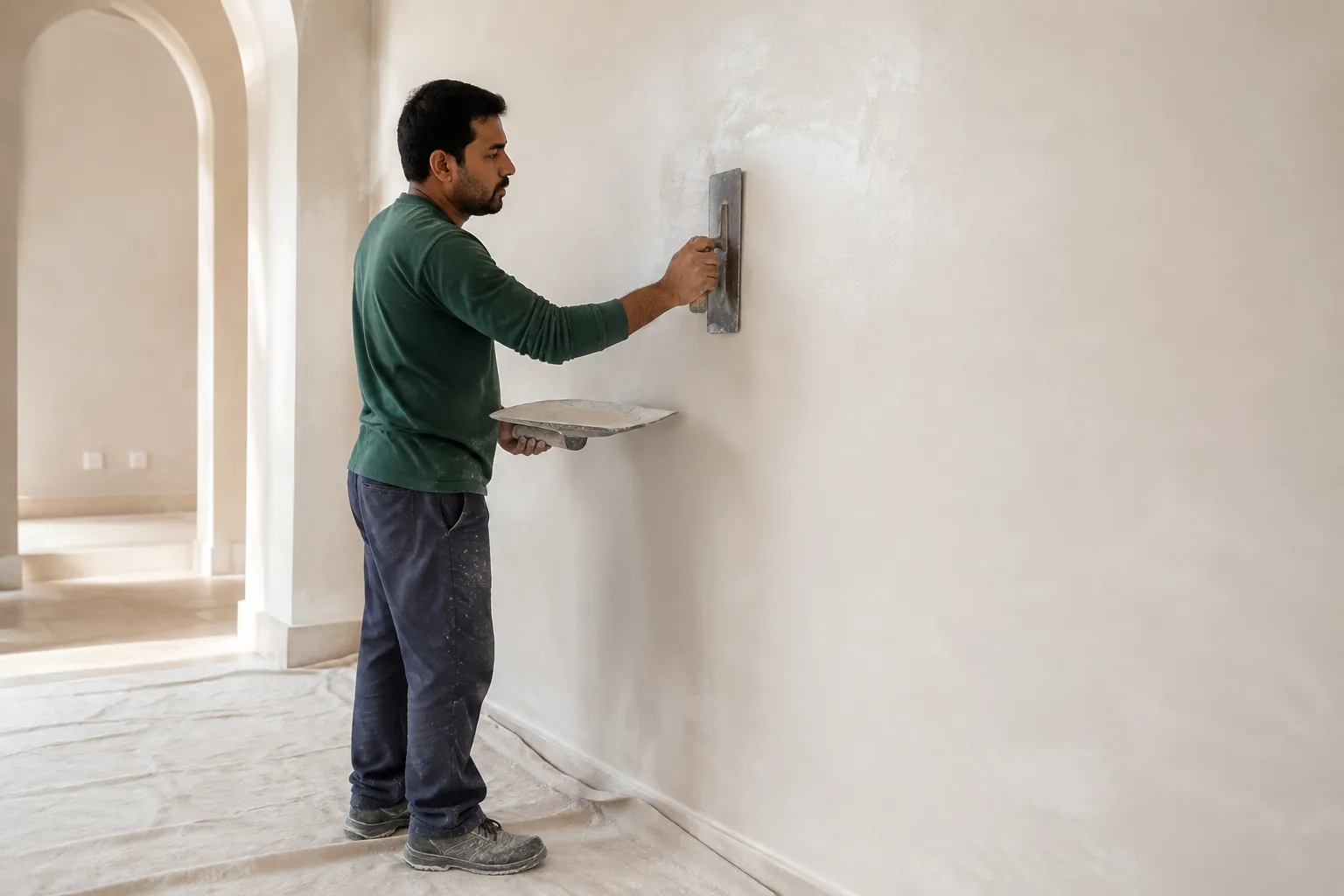 Applying plaster to a wall.