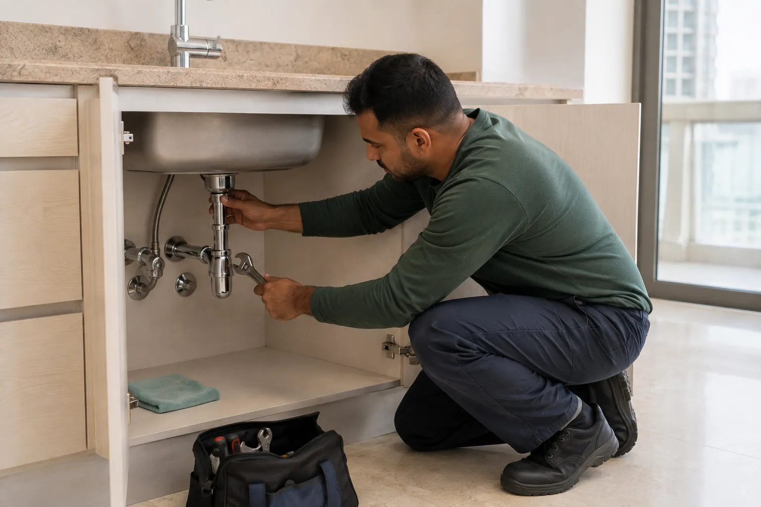 Repairing plumbing pipework.